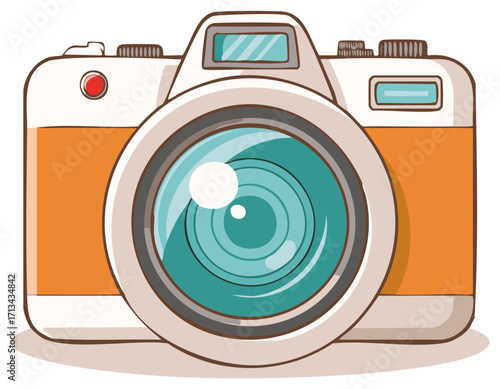 Illustration of an Orange and White Camera with a Teal Lens Isolated on White