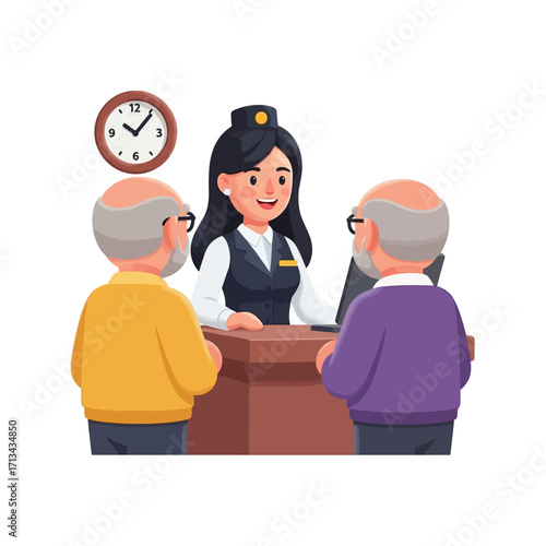 Bank teller assisting elderly customers at counter with friendly smile, providing excellent service in modern bank branch during daytime, cartoon style.