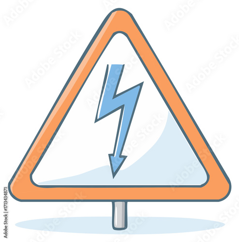 Cartoon illustration of a triangular high voltage danger warning sign with a lightning bolt