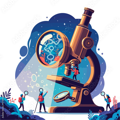 Children exploring microbiology with a giant microscope