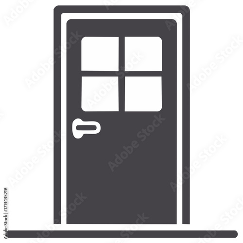 Stylized door with four pane window and handle in grayscale illustration.