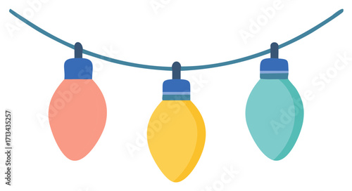 Colorful Christmas light bulbs hanging on a string, festive holiday decoration vector icon
