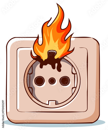 Cartoon illustration of an electrical outlet on fire, showing a hazard and danger