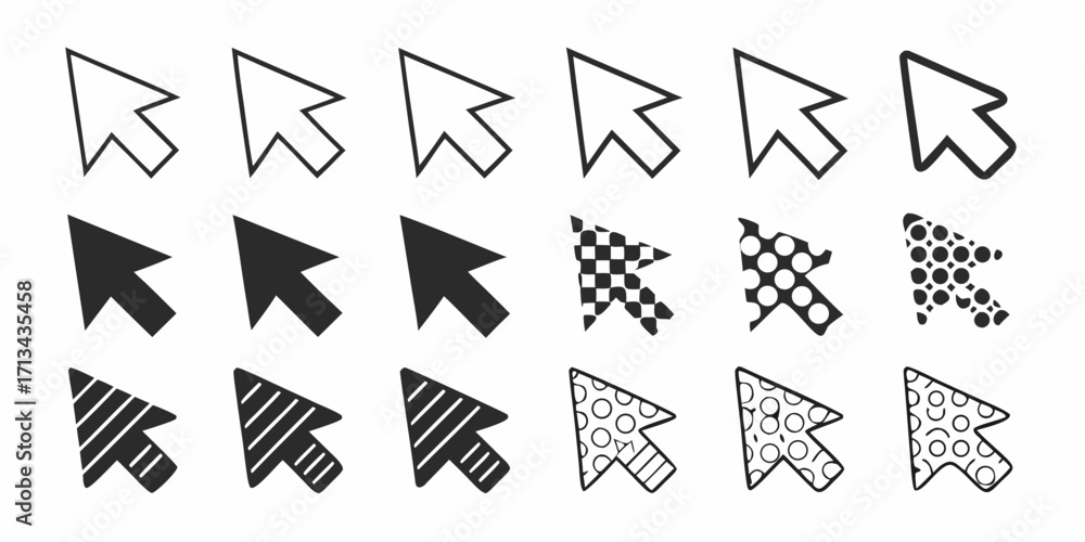 Collection of cursor icons in various styles including solid outline checkered and dotted patterns design 100 | editable eps vectors silhouette