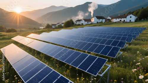 Renewable energy solar panels at sunset in a rural village with smoke rising from chimneys