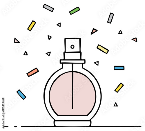 Elegant perfume bottle with a cloud of confetti for celebration of beauty and aromatherapy products