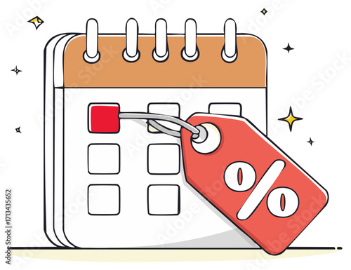 Calendar with sale tag, advertising discount, sales event, and promotion