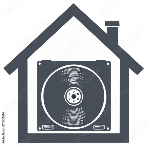 Hard drive inside house silhouette symbol, data storage concept