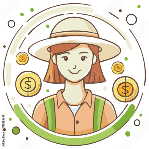 Smiling young woman in a farm hat surrounded by floating gold dollar coins symbolizing financial success