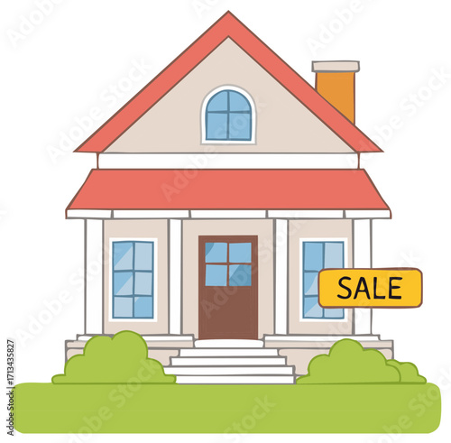 Cartoon House for Sale with Sign, Green Lawn, and Red Roof against White Background