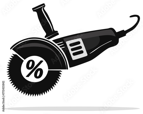Angle grinder cutting percentage sign illustration, black and white, sale and discount graphic element.