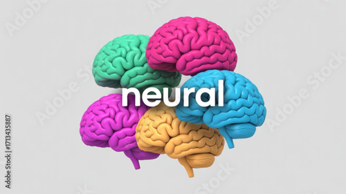 Neural network concept with colorful brains for artificial intelligence and machine learning design element
