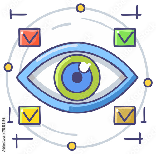 Stylized eye symbol with orbiting checkmark icons and navigational marks illustrating observation and data