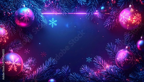 Wallpaper Mural Festive Neon Glow Christmas Baubles on Fir Branches with Bokeh Lights Torontodigital.ca