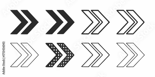 Collection of eight arrow symbols pointing right with varying styles and fill patterns displayed clearly | editable eps vectors silhouette