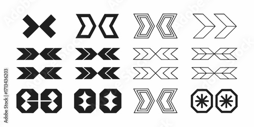 Arrowhead like shapes arranged in rows and columns with varying styles and orientations shown clearly | editable eps vectors silhouette