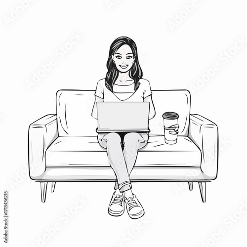 Smiling woman working on laptop while relaxing on a couch with coffee, modern lifestyle