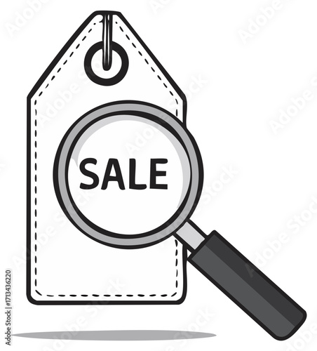 Magnifying glass over sale tag searching for discounts and savings opportunities
