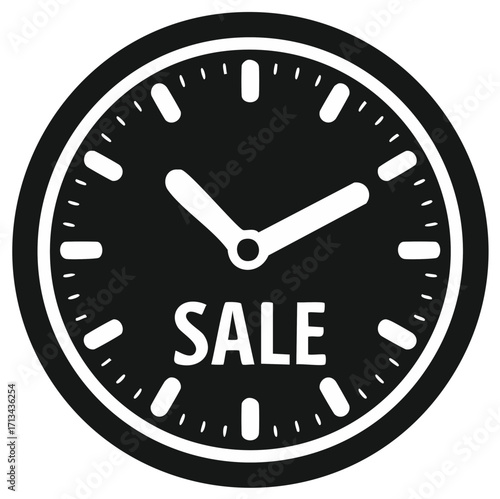 Black and white clock icon with 'SALE' text, symbolizing limited time discounts and promotional offers