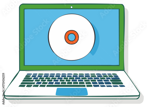 Retro laptop computer displaying optical disc on screen technology and data illustration