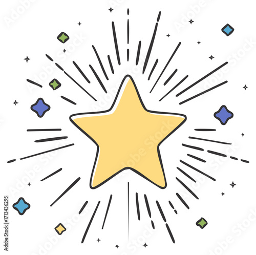 Hand-Drawn Star Burst with Additional Stars, Celebration or Achievement Theme, Yellow, Black and Other Colors