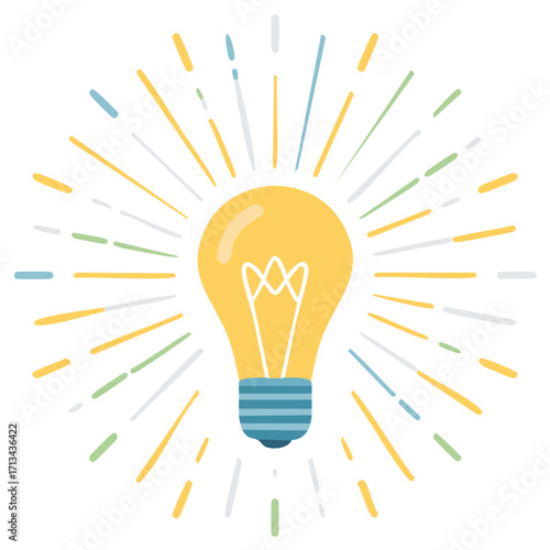 Glowing Yellow Lightbulb with Colorful Beams Symbolizing Ideas and Innovation