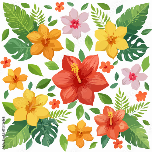 Tropical summer floral background featuring a vibrant arrangement of hibiscus flowers and exotic green palm leaves. Seamless vector pattern for textile or wallpaper design