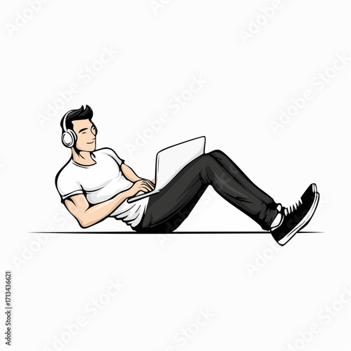Relaxed professional enjoying music while working on laptop, modern tech lifestyle concept