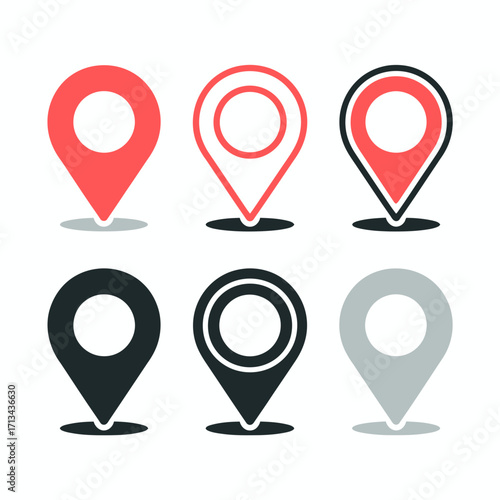 Location Pin Map Marker Icons Set in Red, Black, and Outline Design
