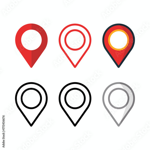 Location Pin Map Marker Icons Set in Red, Black, and Outline Design