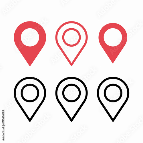 Location Pin Map Marker Icons Set in Red, Black, and Outline Design