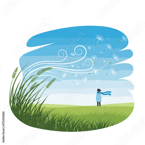 Person in field with dandelions blowing in wind