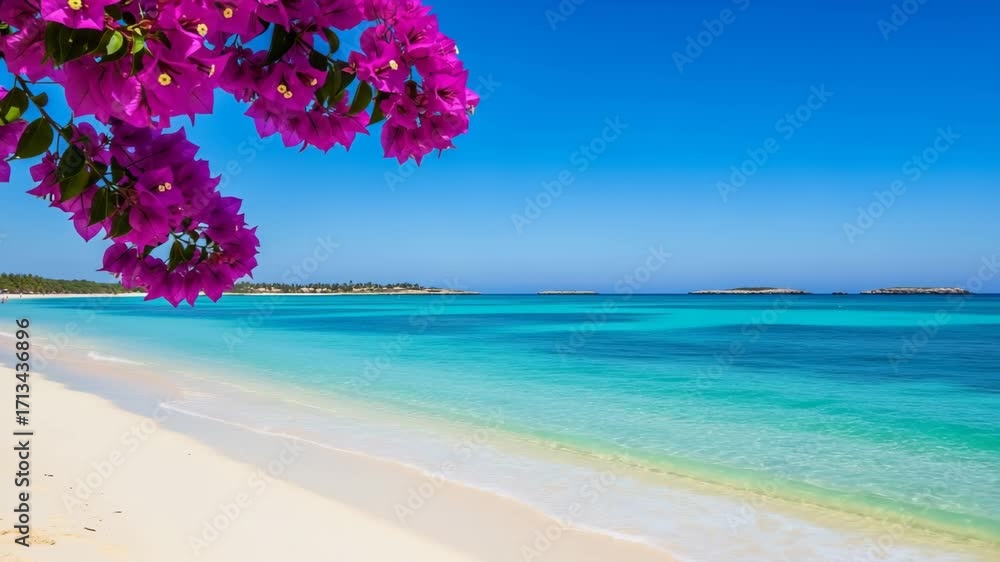 A serene tropical beach scene with turquoise water, white sand, and vibrant pink bougainvillea flowers, capturing the essence of a relaxing vacation getaway ai generated vedio