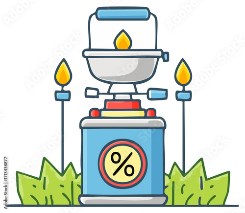 Portable Gas Stove on a Canister with a Percent Sign for Energy Price Concept