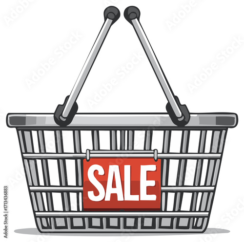 An empty retail shopping basket with a red sale sign attached to the front vector illustration