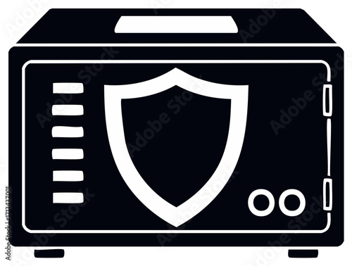 Digital safe with shield icon representing robust security and data protection for valuable assets
