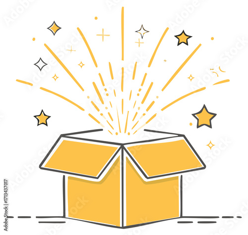 Doodle illustration of an open magic box with an explosion of light and stars