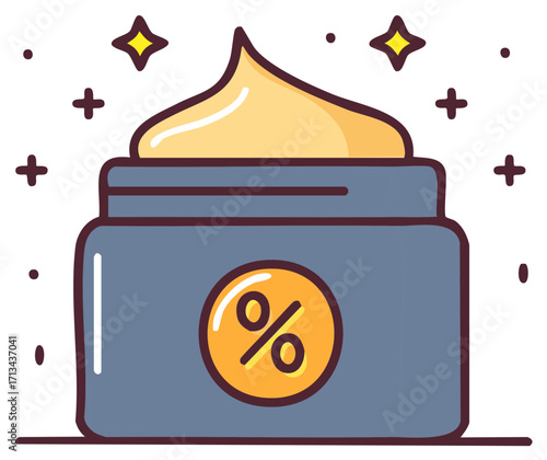 Cosmetic cream jar with percentage sign and sparkling stars, vector illustration.