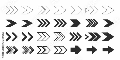 Collection of various arrow designs pointing to the right in different styles and orientations shown in rows | editable eps vectors silhouette