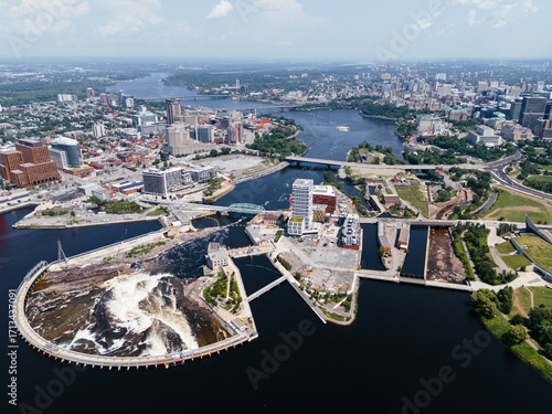 Aerial view of hydro dam in the Ottawa-Gatineau metropolitan area.