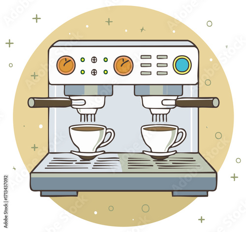 Stylized Espresso Machine Preparing Two Cups of Coffee, Vintage Cartoon Illustration on Muted Background