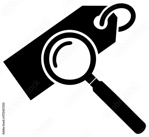 Magnifying glass over a price tag representing search and discovery for products