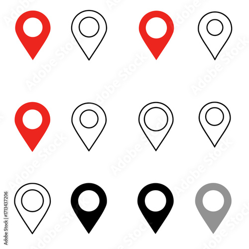 Location Pin Map Marker Icons Set in Red, Black, and Outline Design