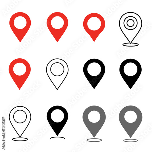 Location Pin Map Marker Icons Set in Red, Black, and Outline Design