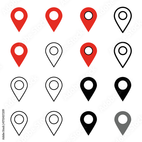 Location Pin Map Marker Icons Set in Red, Black, and Outline Design
