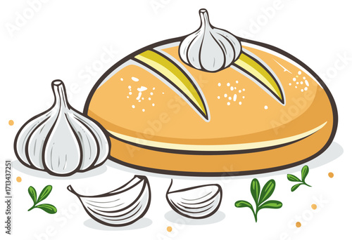 Cartoon Garlic Bread with Garlic Cloves and Herb Leaves Illustration