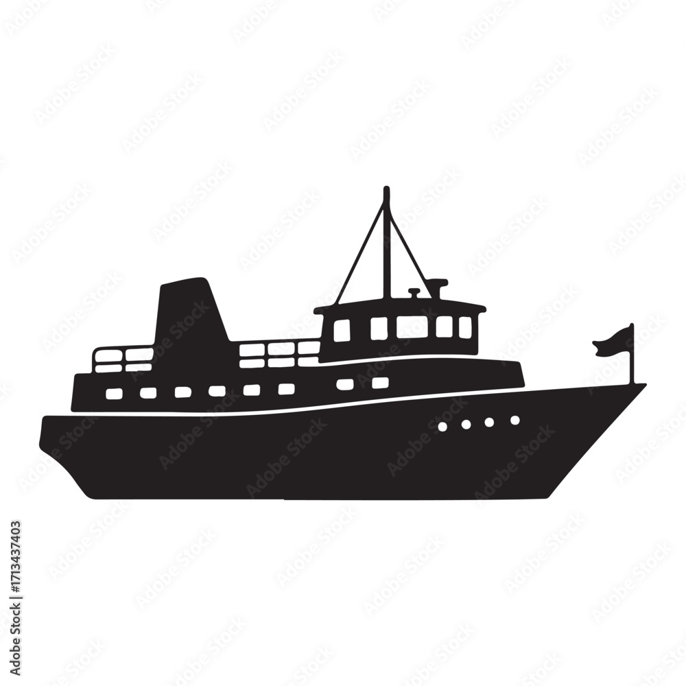 Obraz premium Black Silhouette of Cruise Ship with Mast and Flag Maritime Travel and Ocean Transportation Vector Illustration for Nautical Design and Sea Adventures