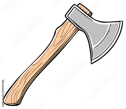 Illustration of a sharp steel axe with a wooden handle for chopping wood and logging