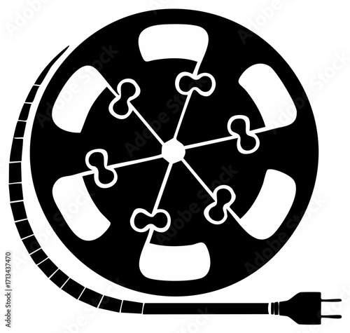 Black film reel with a plug depicts the fusion of film and electricity for visual storytelling.