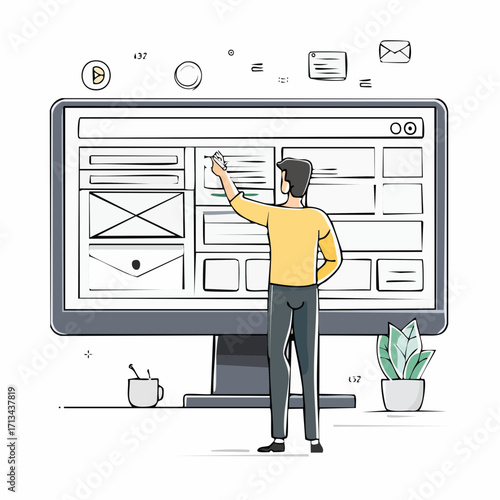 Web designer sketching user interface elements on giant computer screen for website development project